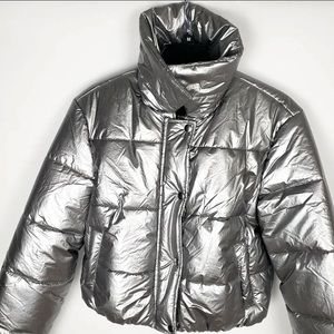 Bar III Silver Metallic Cropped Puffer Jacket NWT